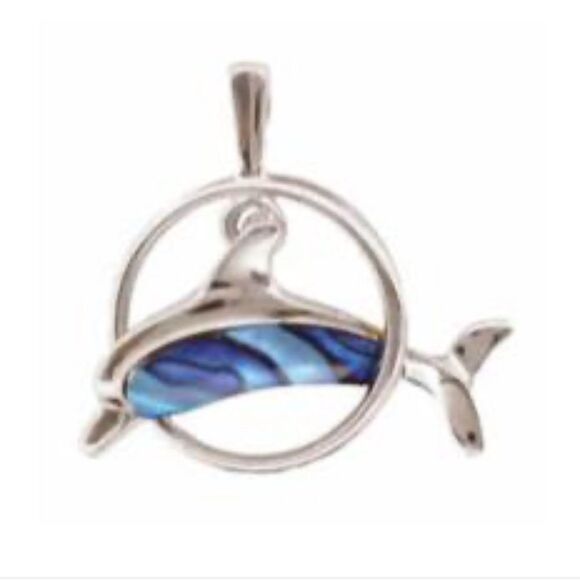 ARIKI PAUA & PALLADIUM DOLPHIN IN RING PENDANT - Picture 1 of 7